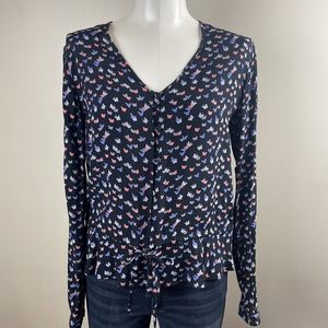 Rails Women Black Beaux Mariposa Butterfly Button Down V-Neck Blouse Shirt Small